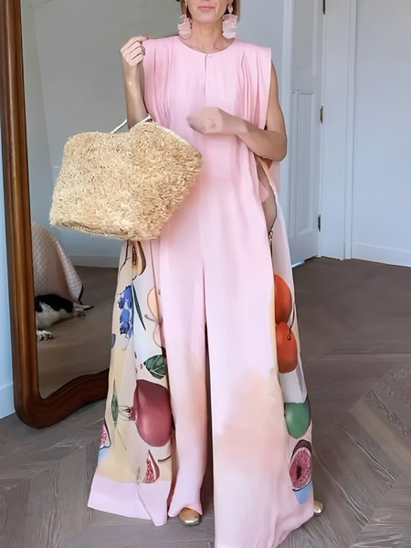 

Vacation Fruit Print Loose Jumpsuit, Pink, Jumpsuits