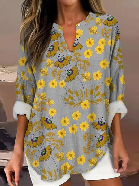 

Women's Artistic Floral Print Elegant Casual V Neck Shirt, As picture, Blouses