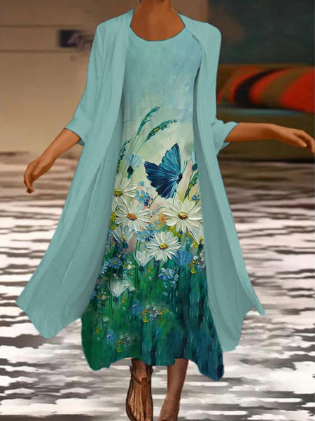 

Women Floral Printing Two-Piece Set Daily Three Quarter Sleeve Casual Spring/Fall Dress With Coat Matching Set, Green, Suit Set