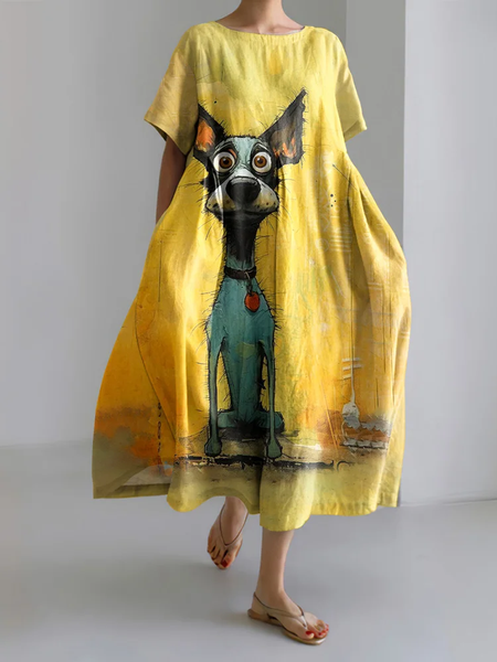 

Oil Painting Art Dog Print Short Sleeve Loose Midi Dress Dress With No Belt, Yellow, Dresses