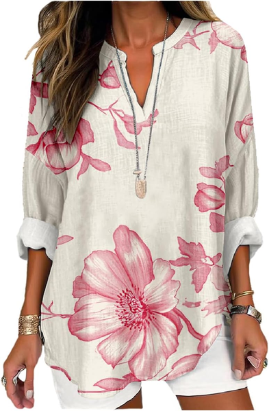 

Women's Artistic Floral Print Elegant Resort V-Neck Shirt, As picture, Blouses