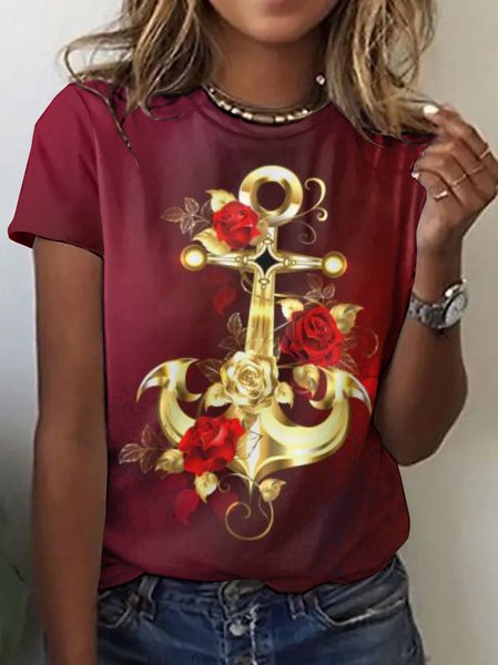 

Casual Floral Crew Neck Short Sleeve T-shirt, Red, T-shirts