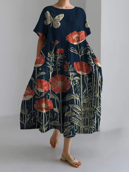 

Women's Artistic Floral Print Vintage Round Neck Pleated Maxi Dress, As picture, Dresses