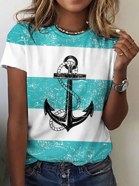 

Casual Striped Crew Neck Short Sleeve T-shirt, Aqua blue, T-shirts