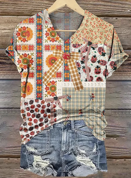 

Casual Vintage Floral Art Print V Neck Short Sleeve T-shirt, As picture, T-shirts