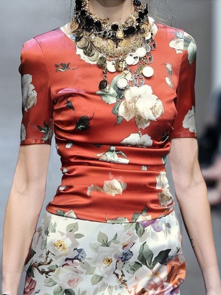 

Elegant Floral Printing Crew Neck T-shirt, Red, Tees