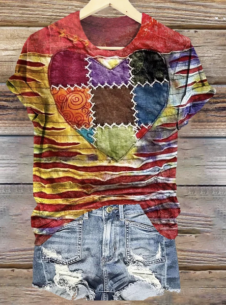 

Vintage Heart Pattern Print V Neck Short Sleeve T-shirt, Red, T-shirts