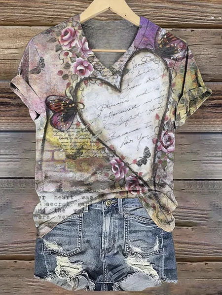 

Vintage Heart Pattern Print V Neck Short Sleeve T-shirt, Purple, T-shirts