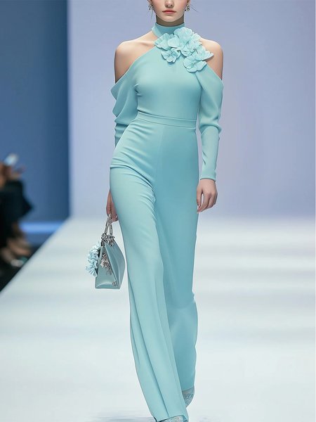 

Elegant Off Shoulder Sleeve 3D Floral Jumpsuit, Blue, Jumpsuits