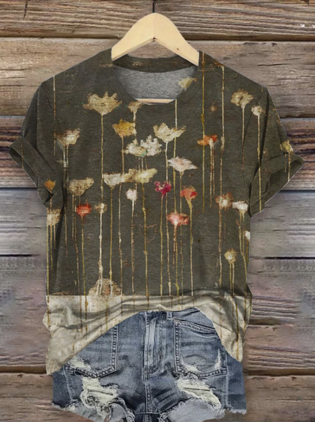 

Casual Floral Crew Neck Short Sleeve T-shirt, Green, T-shirts
