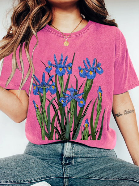 Flowers Wash Print T-Shirt, Rose red, T-shirts