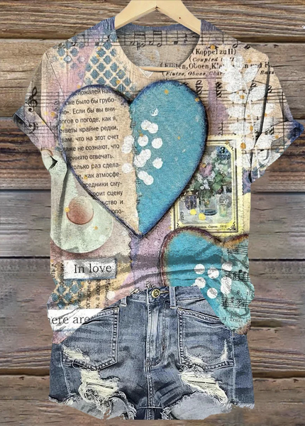 

Vintage Heart Pattern Print V Neck Short Sleeve T-shirt, Green, T-shirts