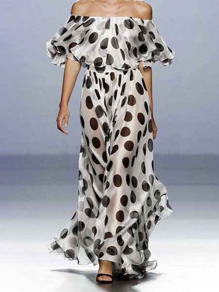 Elegant Polka Dots Printing Cold Shoulder Maxi Dress, Black-white, Maxi Dresses