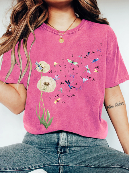 

Dandelion Dragonfly Print Wash T-Shirt, Rose red, T-shirts
