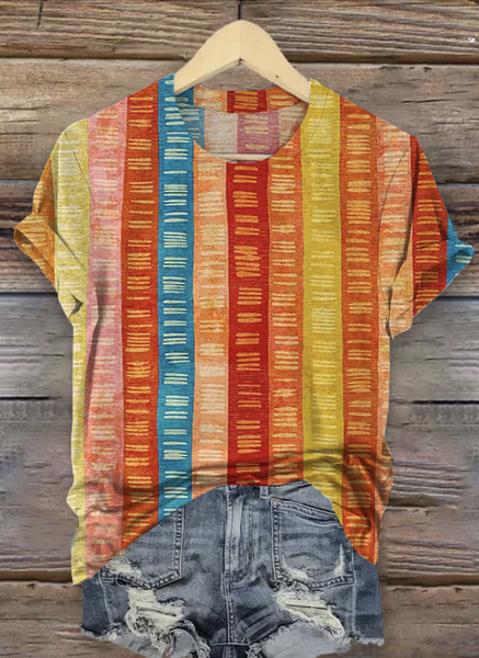 

Casual Geometric Crew Neck Short Sleeve T-shirt, Orange, T-shirts
