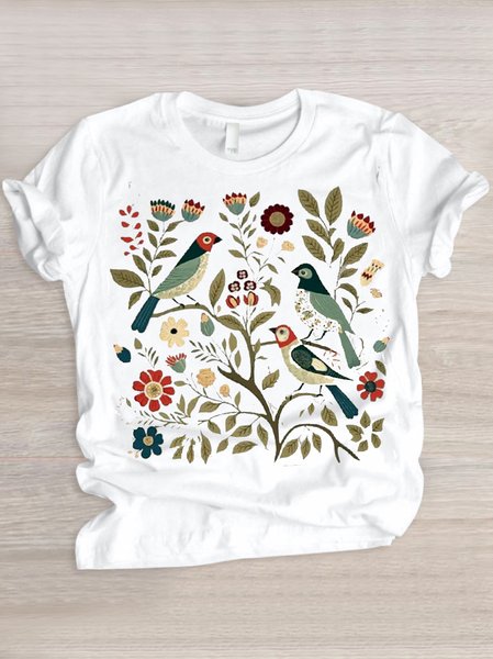 

Casual Floral Crew Neck Short Sleeve T-shirt, White, T-shirts