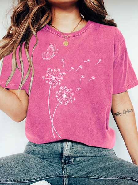 

Dandelion Wild Flower Print Wash T-Shirt, Rose red, T-shirts
