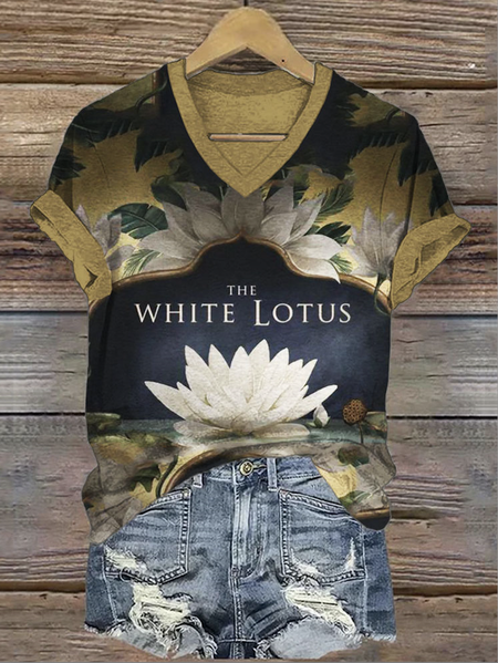 

Casual Floral V Neck Short Sleeve T-shirt, Brown, T-shirts