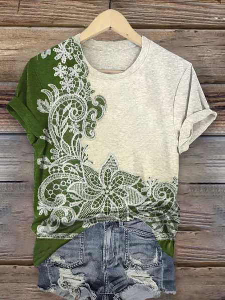 

Casual Floral Crew Neck Short Sleeve T-shirt, Green, T-shirts