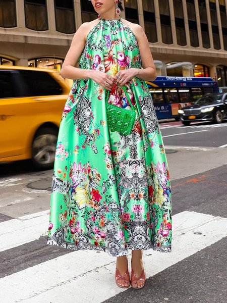 Elegant Floral Printing Halter Loosen Maxi Dress, Green, Maxi Dresses