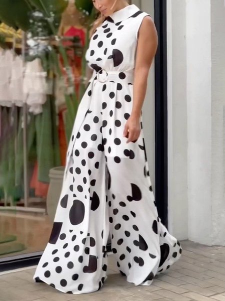 

Vacation Polka Dots Stand Collar Jumpsuit With Belt, Black-white, Jumpsuits