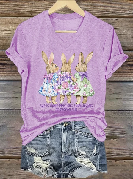 

Casual Animal V Neck Short Sleeve T-shirt, Light purple, T-shirts