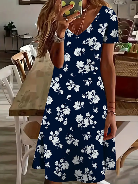 

Women's Floral Spring Print Casual V-Neck Short Sleeve Dress, Navyblue, Dresses