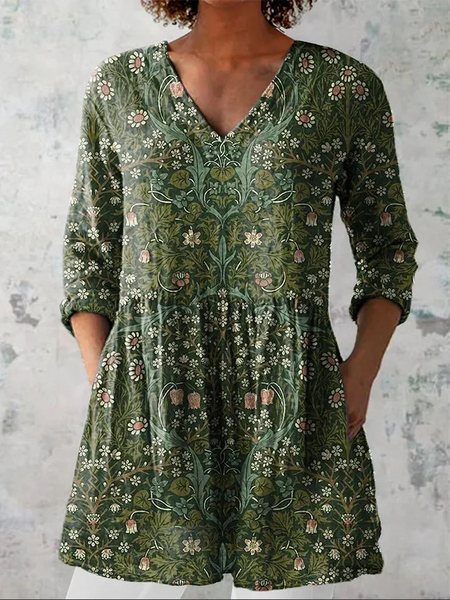 

Women's Floral Half Sleeve Blouse_ Summer Printing V Neck Daily Casual Top, Green, Blouses