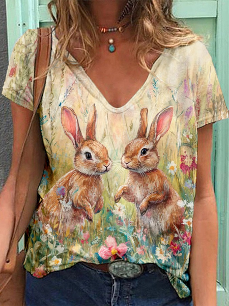 

Women's Easter Bunny Print Casual V-Neck Short Sleeve T-Shirt, As picture, T-shirts