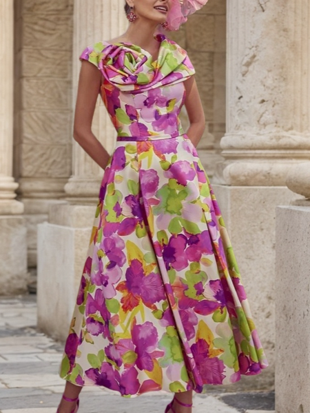 

Elegant Floral Printing Asymmetrical Midi Party Dress With 3D Floral, As picture, Midi Dresses