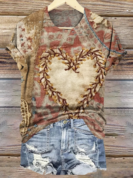 

Vintage Heart Pattern Print V Neck Short Sleeve T-shirt, Brown, T-shirts
