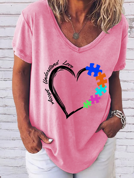 

Women Autism Awareness, Accept Understand Love V-Neck Shirt, Pink, T-shirts