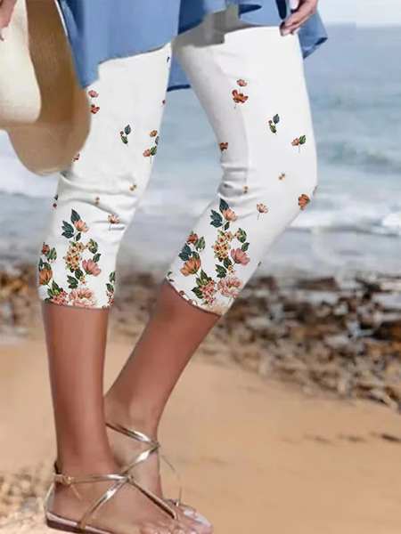 Women's Botanical Floral Print Casual Leggings, White, Leggings