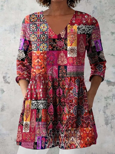

Women's Floral Half Sleeve Blouse_ Summer Printing V Neck Daily Casual Top, As picture, Blouses