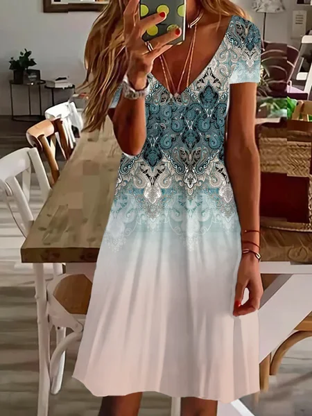 Women's Floral Short Sleeve Summer Printing Dress V Neck Daily Casual Knee Length T-Shirt Dress H-Line Dress, As picture, Casual Dresses