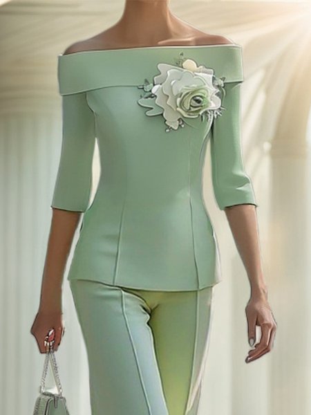 

Elegant Cold Shoulder Blouse With 3D Floral Brooch, Green, Blouses and Shirts