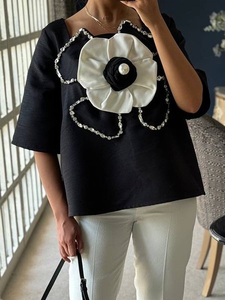 

Casual 3D Floral Square Neck Blouse, Black-white, Blouses and Shirts