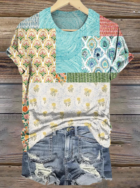 

Casual Geometric Crew Neck Short Sleeve T-shirt, Lake blue, T-shirts