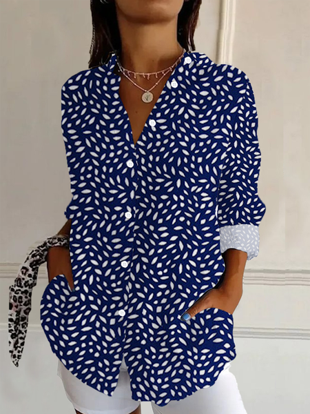 

Women's Floral Long Sleeve Shirt Spring/Fall Buckle Shirt Collar Daily Casual Top, Navyblue, Shirts