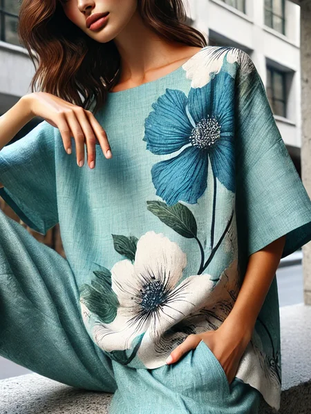 

Casual Floral Printing Loosen Crew Neck Raglan Sleeve Blouse, As picture, Blouses and Shirts