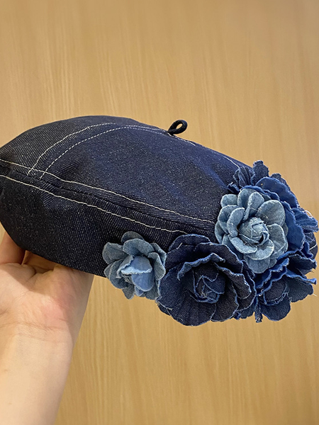 

Denim 3D Floral Beret, Deep blue, Hats