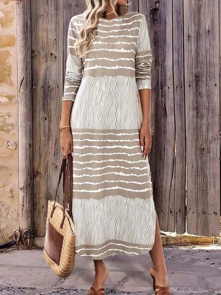 

Women's Retro Elegant Striped Splicing Long Sleeve Slit Dress, Apricot, Maxi Dresses