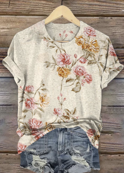 

Casual Floral Crew Neck Short Sleeve T-shirt, Apricot, T-shirts