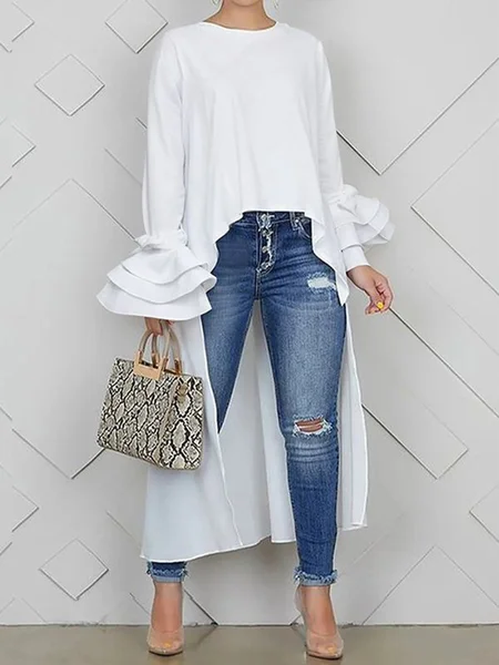 

Casual Plain Irregular Craftsmanship Crew Neck Ruffle Sleeve Blouse, White, Blouses and Shirts