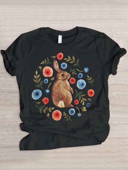 

Casual Floral Crew Neck Short Sleeve T-shirt, Black, T-shirts
