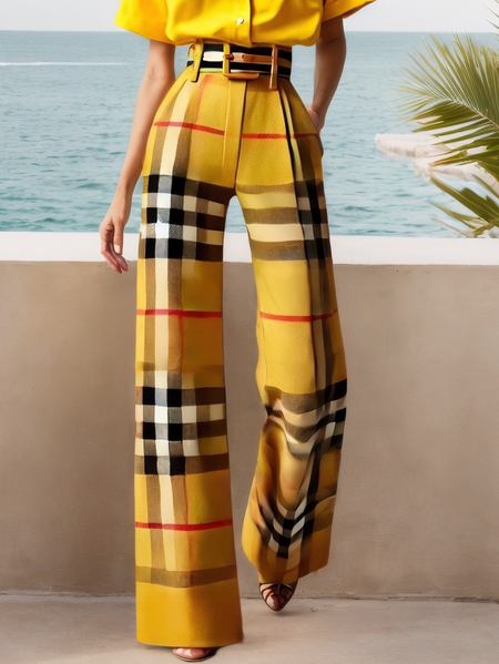 

Urban Plaid Fashion Pants With Belt, As picture, Pants