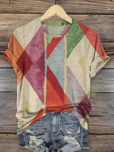 

Geometric Crew Neck Casual T-Shirt, Apricot, T-shirts