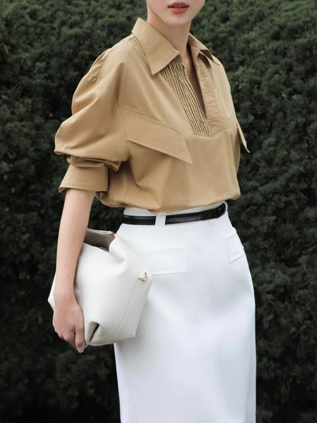 

Cotton Urban Plain Shirt Collar Raglan Sleeve Blouse, Khaki, Blouses and Shirts