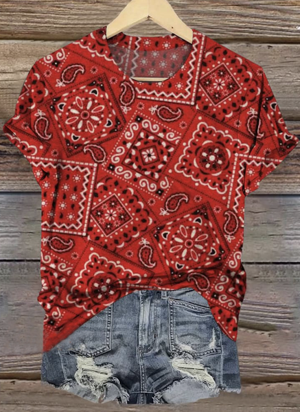 

Casual Geometric Crew Neck Short Sleeve T-shirt, Red, T-shirts