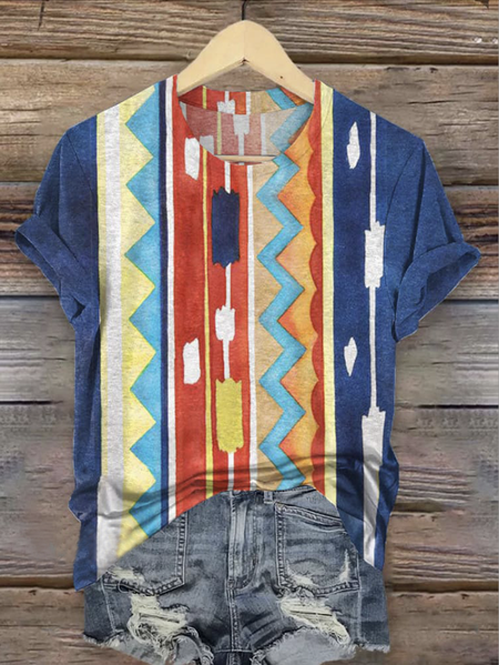

Casual Geometric Crew Neck Short Sleeve T-shirt, Blue, T-shirts